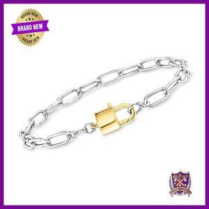 Sterling Silver Gold Paper Clip Link Padlock Bracelet 7 Inch